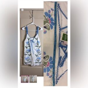 Floral Embroidered White and Blue Jumpsuit